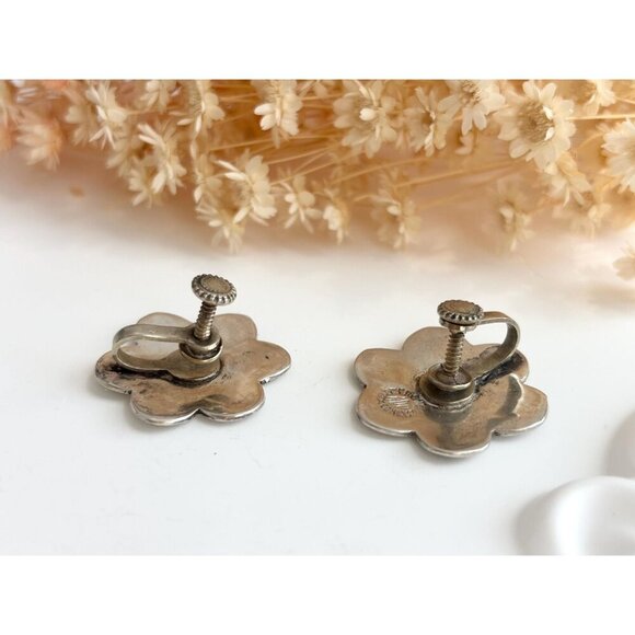 Star of David Abalone Floral Alpaca Mexican Sterling Silver Vintage Screw Studs - Picture 4 of 10